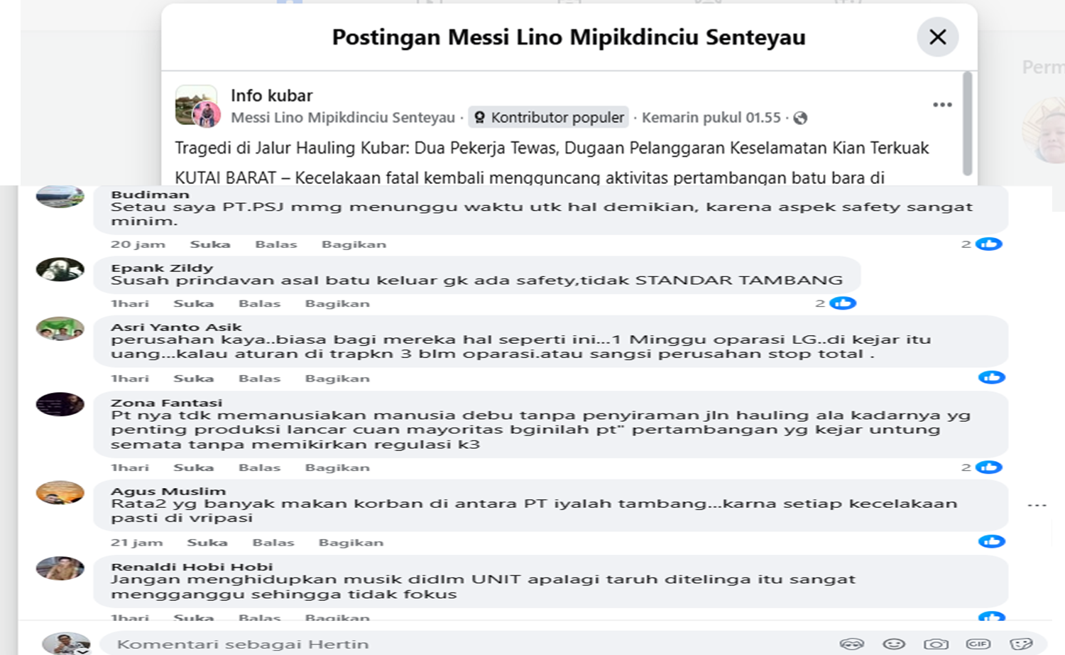 Keterangan Foto:Tangkapan layar komentar warganet di grup Facebook Info Kubar yang menyoroti kondisi jalan hauling di area operasional PT Manoor Bulant Lestari (MBL), terutama terkait kabut debu dan minimnya penyiraman saat cuaca panas. Unggahan ini mencuat usai insiden kecelakaan fatal yang menewaskan dua pekerja, Sabtu (28/3/2026). (Foto: Screenshot Facebook/Trackperistiwa.com)