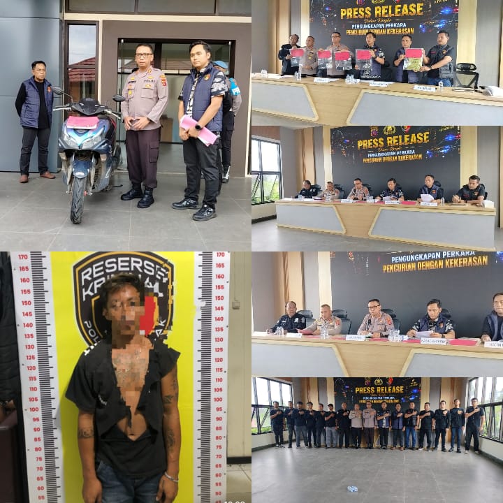 Keterangan Foto: Atas, Kapolres Kutai Barat AKBP Boney Wahyu Wicaksono memperlihatkan barang bukti kasus begal yang melibatkan pelaku berinisial J alias Dicky dalam konferensi pers, Jumat (29/5/2026). Bawah, korban WP dan sepeda motor yang terjatuh di lokasi kejadian setelah diduga ditendang pelaku saat melintas di Jalan Poros Kampung Sekolaq Oday menuju Kampung Belempung, Kecamatan Sekolaq Darat. (Kolase: Trackperistiwa.com/Fauzan).