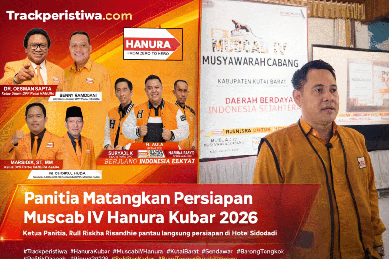 Keterangan Foto:
Ketua Panitia Muscab IV Kabupaten Kutai Barat, Rull Riskha Risandhie, yang juga anggota DPRD Kutai Barat, saat memantau langsung persiapan pelaksanaan Muscab IV di Hotel Sidodadi, Barong Tongkok, Jumat (13/2/2026). (Fauzan/Trackperistiwa.com)