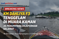 Keterangan Foto:
Penumpang berupaya menyelamatkan diri saat KM Dahliya F3 mulai tenggelam di perairan Muara Kaman, Kamis (12/2/2026). Awak kapal bersama warga sekitar turut membantu proses evakuasi penumpang sebelum badan kapal sepenuhnya karam.
