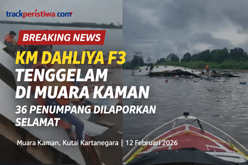 Keterangan Foto:
Penumpang berupaya menyelamatkan diri saat KM Dahliya F3 mulai tenggelam di perairan Muara Kaman, Kamis (12/2/2026). Awak kapal bersama warga sekitar turut membantu proses evakuasi penumpang sebelum badan kapal sepenuhnya karam.
