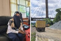 Keterangan: Pelaksana Tugas Kepala Dinas Perhubungan Kutai Barat, Rita, menyampaikan keterangan resmi terkait aktivitas bongkar muat di kawasan Jembatan ATJ Melak (kiri). Sementara itu, aktivitas distribusi material oleh truk terlihat berlangsung di lapangan (kanan). Sumber Foto: Reportaseexpoase.com