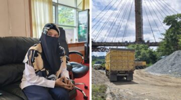 Keterangan: Pelaksana Tugas Kepala Dinas Perhubungan Kutai Barat, Rita, menyampaikan keterangan resmi terkait aktivitas bongkar muat di kawasan Jembatan ATJ Melak (kiri). Sementara itu, aktivitas distribusi material oleh truk terlihat berlangsung di lapangan (kanan). Sumber Foto: Reportaseexpoase.com