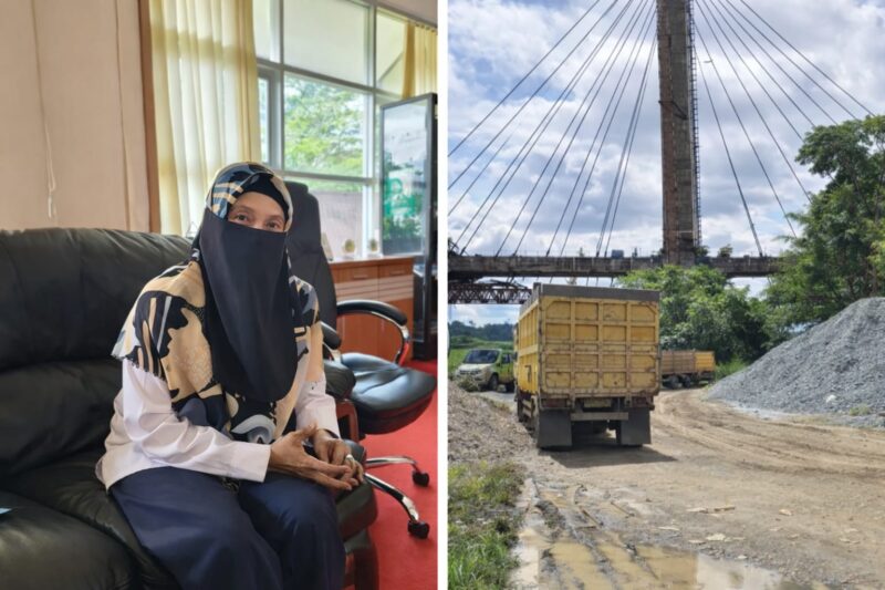 Keterangan: Pelaksana Tugas Kepala Dinas Perhubungan Kutai Barat, Rita, menyampaikan keterangan resmi terkait aktivitas bongkar muat di kawasan Jembatan ATJ Melak (kiri). Sementara itu, aktivitas distribusi material oleh truk terlihat berlangsung di lapangan (kanan). Sumber Foto: Reportaseexpoase.com