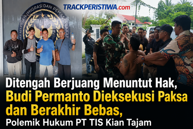 Keterangan Foto:
Kiri, Budi Permanto usai dinyatakan bebas pada 26 Mei 2026. Kanan, proses eksekusi terhadap Budi Permanto, terpidana kasus perintangan kegiatan perusahaan PT TIS, dari kediamannya di Kampung Ngenyan Asa, Kecamatan Barong Tongkok, Kabupaten Kutai Barat, Senin, 25 Mei 2026. (Dok. Istimewa/Trackperistiwa.com/Melky Malis)