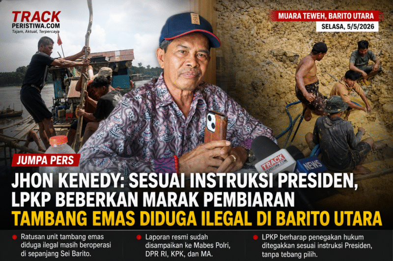 Keterangan Foto:
Jhon Kenedy saat menyampaikan keterangan kepada awak media dalam jumpa pers terkait dugaan pembiaran tambang emas ilegal di Muara Teweh, Barito Utara, Selasa (5/5/2026).