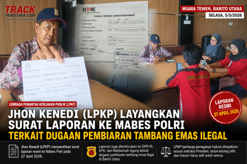 Keterangan Foto:
Jhon Kenedy (LPKP) menunjukkan bukti tanda terima laporan saat jumpa pers bersama awak media di Muara Teweh, Barito Utara, Selasa (5/5/2026), terkait pengaduan dugaan pembiaran tambang emas ilegal yang telah dilayangkan ke Mabes Polri pada 27 April 2026.