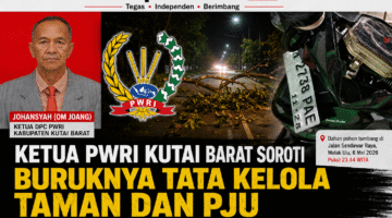 Keterangan Foto:
Ketua DPC PWRI Kabupaten Kutai Barat, Johansyah (Om Joang), menyoroti buruknya tata kelola taman kota dan lampu penerangan jalan umum (PJU) usai mengalami kecelakaan akibat dahan pohon tumbang di Jalan Sendawar Raya, Melak. Foto: Trackperistiwa.com