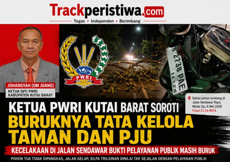 Keterangan Foto:
Ketua DPC PWRI Kabupaten Kutai Barat, Johansyah (Om Joang), menyoroti buruknya tata kelola taman kota dan lampu penerangan jalan umum (PJU) usai mengalami kecelakaan akibat dahan pohon tumbang di Jalan Sendawar Raya, Melak. Foto: Trackperistiwa.com