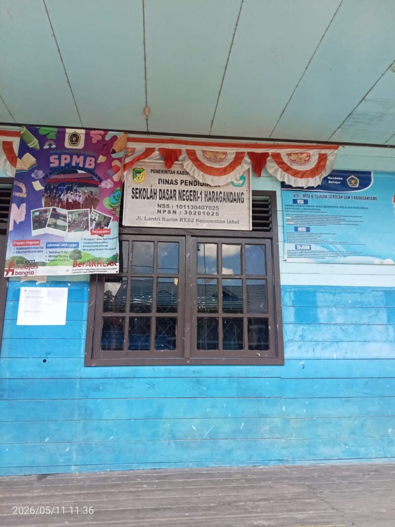Keterangan foto: Tampak bangunan Sekolah Dasar Negeri (SDN) 1 Haragandang, Kecamatan Lahei, Kabupaten Barito Utara, Kalimantan Tengah. Sekolah ini menjadi sorotan warga karena sejumlah guru disebut jarang turun mengajar sehingga kegiatan belajar mengajar lebih banyak ditangani guru honorer.