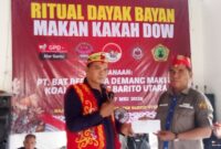 KETERANGAN FOTO : Penyerahan tambai kepada Ketua Ormas Iya Mulik Bengkang Turan dalam rangkaian ritual adat Dayak “Makan Kakah Dow” di Desa Jingah, Kecamatan Teweh Baru, Kabupaten Barito Utara, Kalimantan Tengah. (Dok. Trackperistiwa.com/Henryanus A)