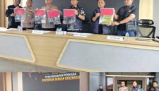 Keterangan Foto: Kapolres Kutai Barat AKBP Boney Wahyu Wicaksono bersama jajaran memperlihatkan barang bukti hasil pengungkapan kasus pencurian dengan kekerasan (begal) dalam konferensi pers di Polres Kutai Barat, Jumat (29/5/2026). (Foto: Trackperistiwa.com/Fauzan)
