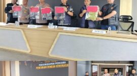 Keterangan Foto: Kapolres Kutai Barat AKBP Boney Wahyu Wicaksono bersama jajaran memperlihatkan barang bukti hasil pengungkapan kasus pencurian dengan kekerasan (begal) dalam konferensi pers di Polres Kutai Barat, Jumat (29/5/2026). (Foto: Trackperistiwa.com/Fauzan)