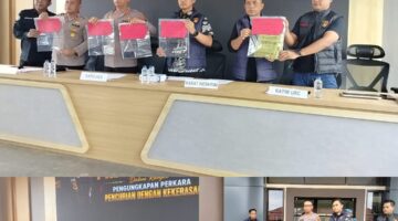 Keterangan Foto: Kapolres Kutai Barat AKBP Boney Wahyu Wicaksono bersama jajaran memperlihatkan barang bukti hasil pengungkapan kasus pencurian dengan kekerasan (begal) dalam konferensi pers di Polres Kutai Barat, Jumat (29/5/2026). (Foto: Trackperistiwa.com/Fauzan)
