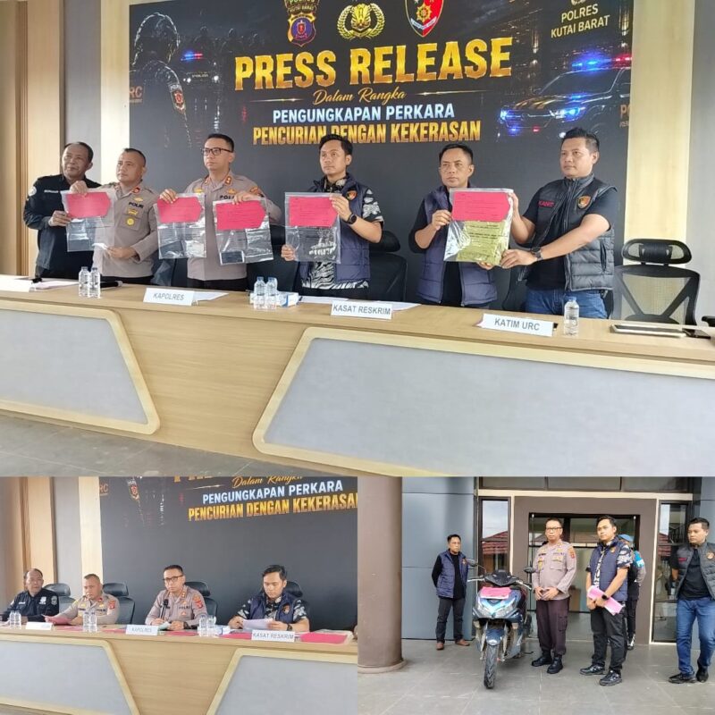 Keterangan Foto: Kapolres Kutai Barat AKBP Boney Wahyu Wicaksono bersama jajaran memperlihatkan barang bukti hasil pengungkapan kasus pencurian dengan kekerasan (begal) dalam konferensi pers di Polres Kutai Barat, Jumat (29/5/2026). (Foto: Trackperistiwa.com/Fauzan)