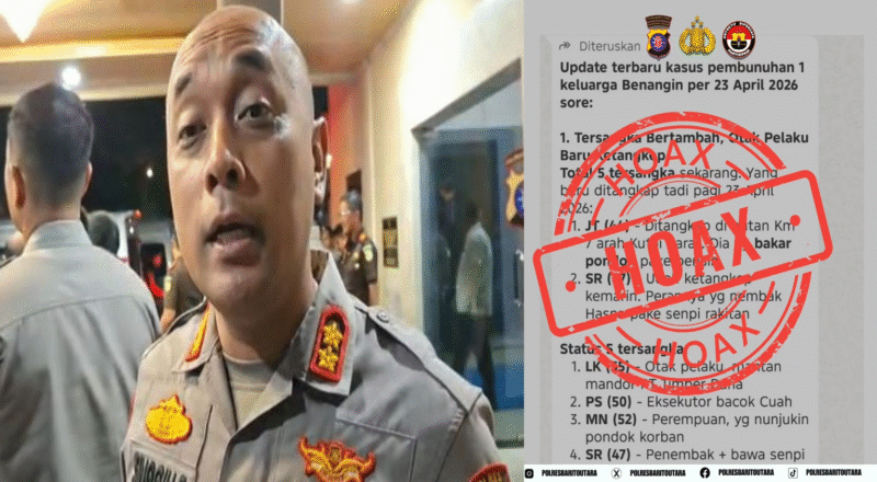 Keterangan Foto:
Kapolres Barito Utara, AKBP Singgih Febiyanto, melalui Kasi Humas Iptu Novendra W.P., memberikan keterangan pers terkait klarifikasi isu hoaks dugaan keterlibatan perusahaan dalam kasus pembunuhan di Desa Benangin, Kecamatan Teweh Timur, Sabtu (2/5/2026). (Dok. Humas Polres Barito Utara)