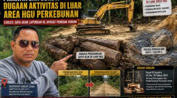 Keterangan Foto: Carles menunjukkan lokasi dan kondisi akses jalan di wilayah seberang Sungai Lawa, Kampung Dilang Puti, Kecamatan Bentian Besar, Kabupaten Kutai Barat, yang menurut keterangannya diduga berada di luar area HGU perkebunan. (Foto: TrackPeristiwa.com/Melky Malis)