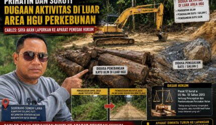 Keterangan Foto: Carles menunjukkan lokasi dan kondisi akses jalan di wilayah seberang Sungai Lawa, Kampung Dilang Puti, Kecamatan Bentian Besar, Kabupaten Kutai Barat, yang menurut keterangannya diduga berada di luar area HGU perkebunan. (Foto: TrackPeristiwa.com/Melky Malis)