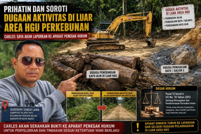 Keterangan Foto: Carles menunjukkan lokasi dan kondisi akses jalan di wilayah seberang Sungai Lawa, Kampung Dilang Puti, Kecamatan Bentian Besar, Kabupaten Kutai Barat, yang menurut keterangannya diduga berada di luar area HGU perkebunan. (Foto: TrackPeristiwa.com/Melky Malis)